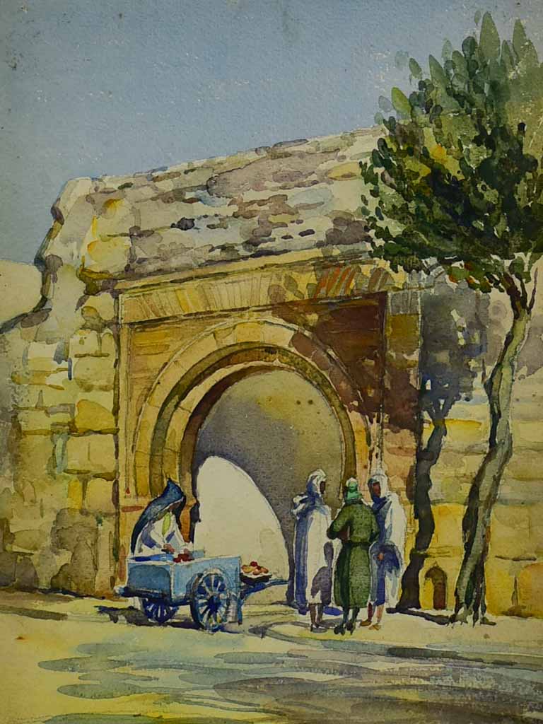 Early 20th Century watercolor - Street vendor and an arch stone wall 22" x 17"