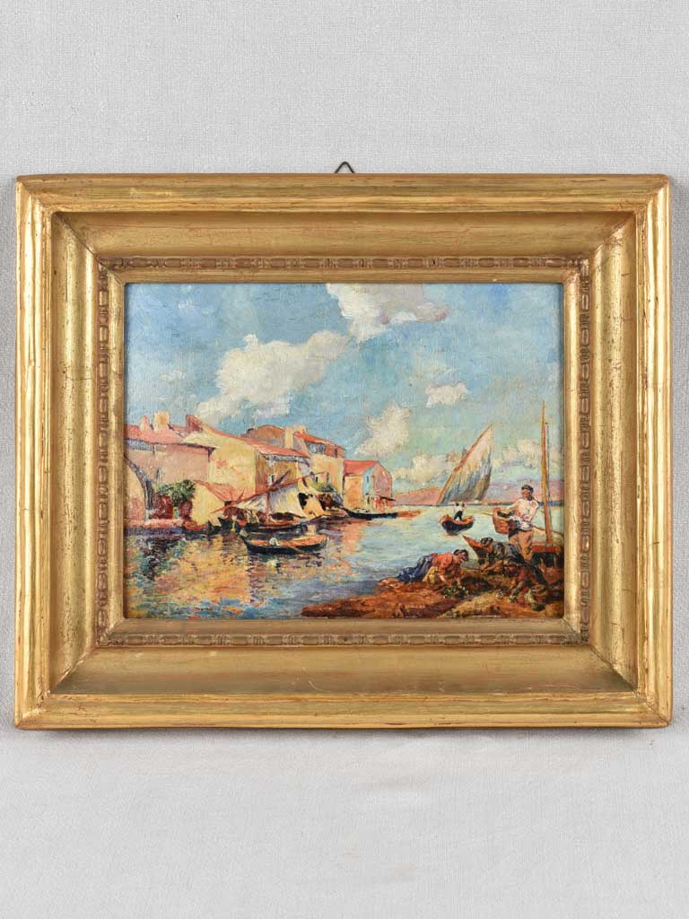 Charming Antique Oil-Card Village Seascape