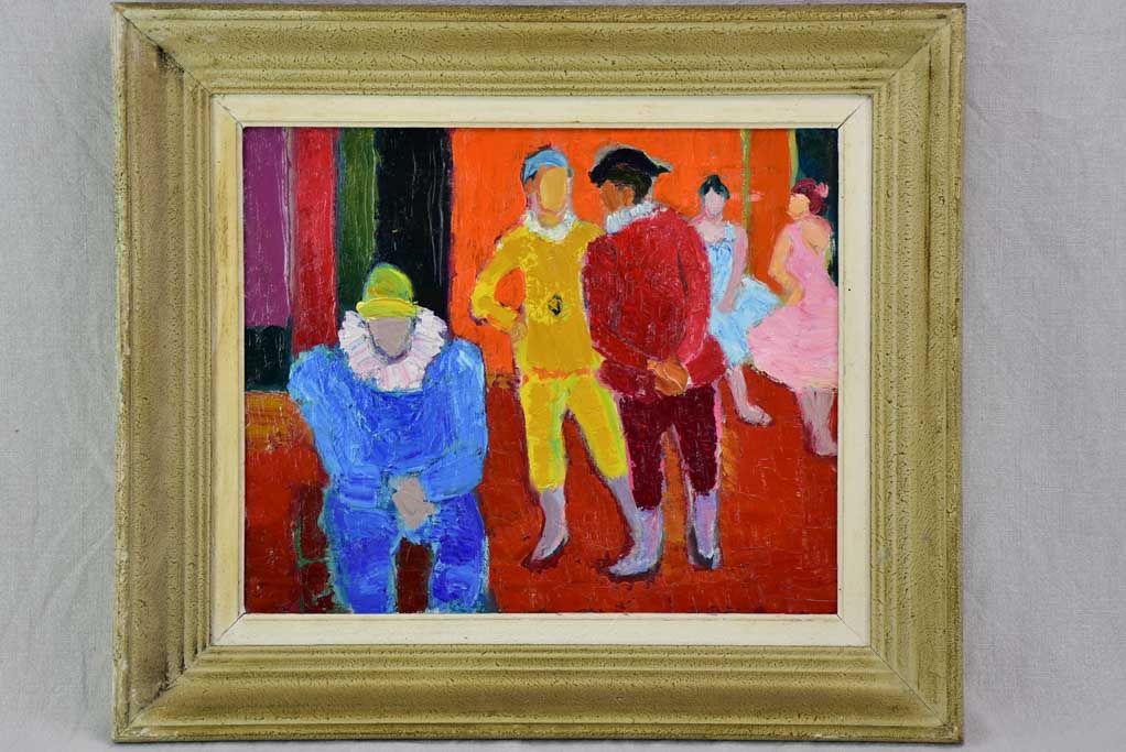 20th Century oil on canvas of clowns - Anna Costa 20¾" x 24½"