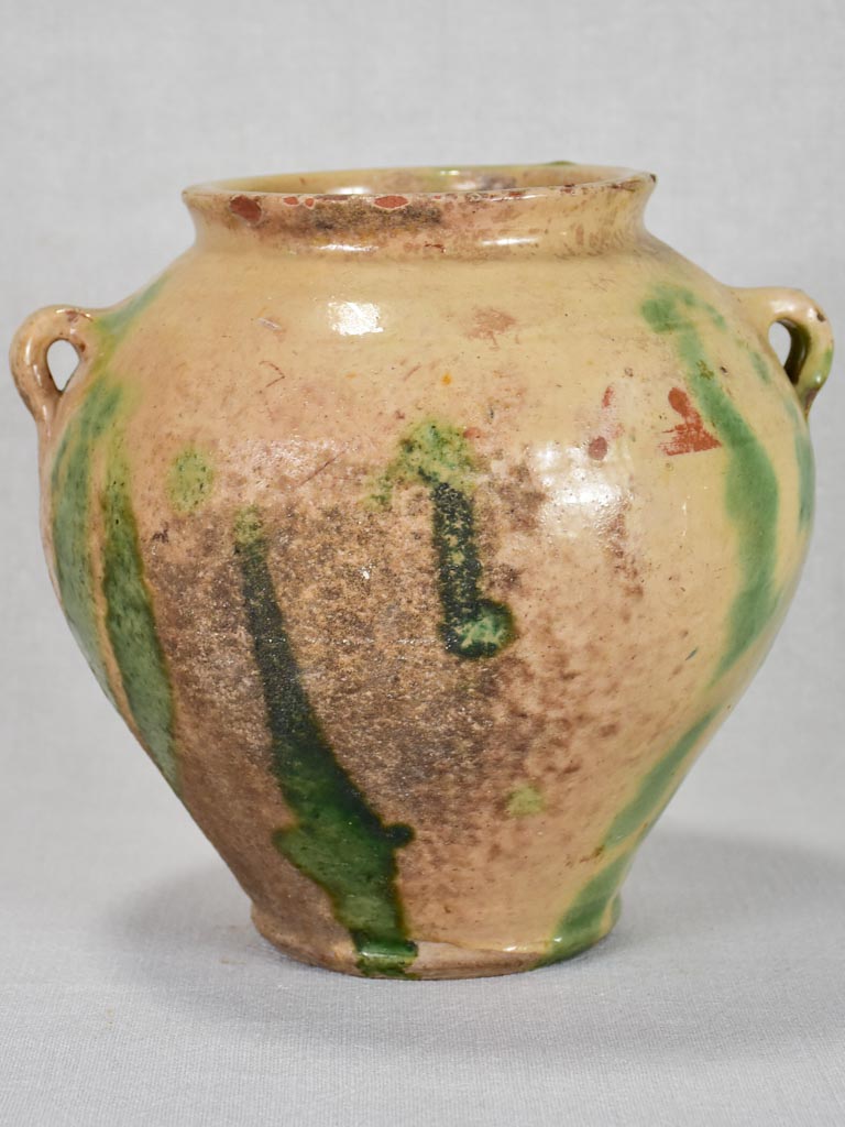 19th century Spanish confit pot - cream with green glaze 9"