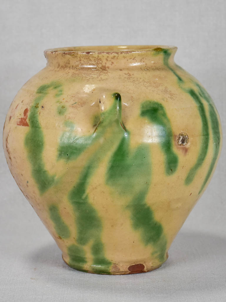 19th century Spanish confit pot - cream with green glaze 9"