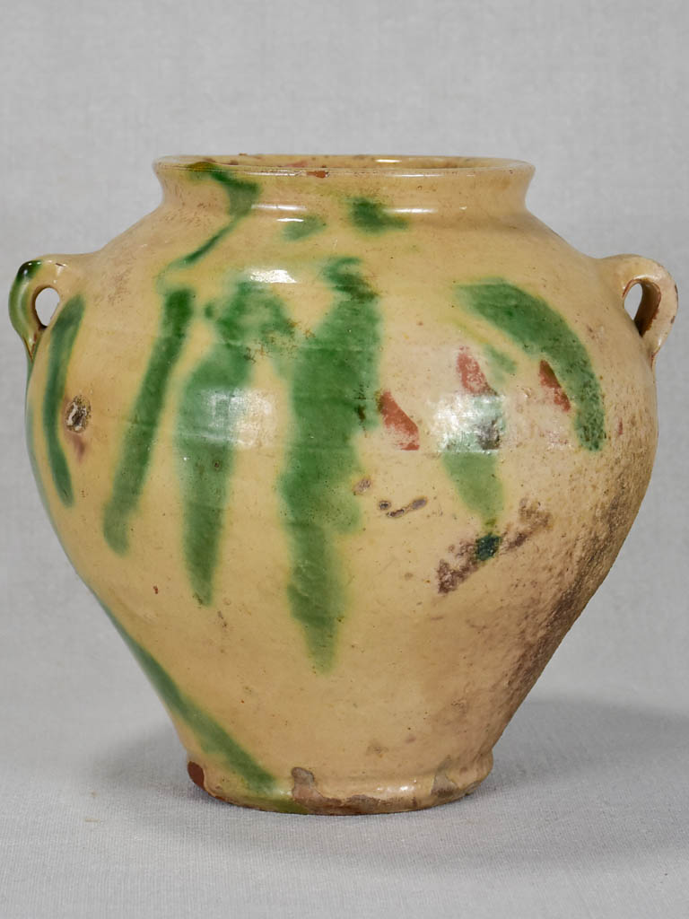 19th century Spanish confit pot - cream with green glaze 9"