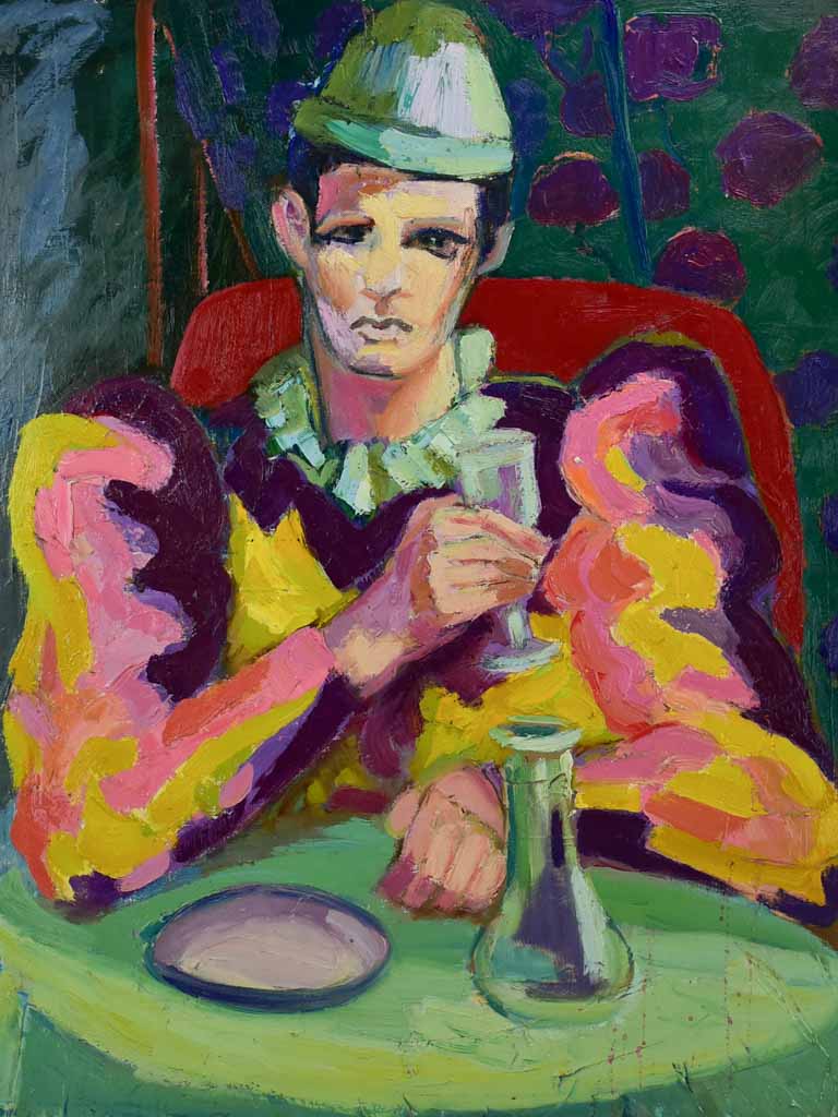 20th Century oil on canvas - Clown drinking at a table - Anna Costa 28¾" x 36¼"