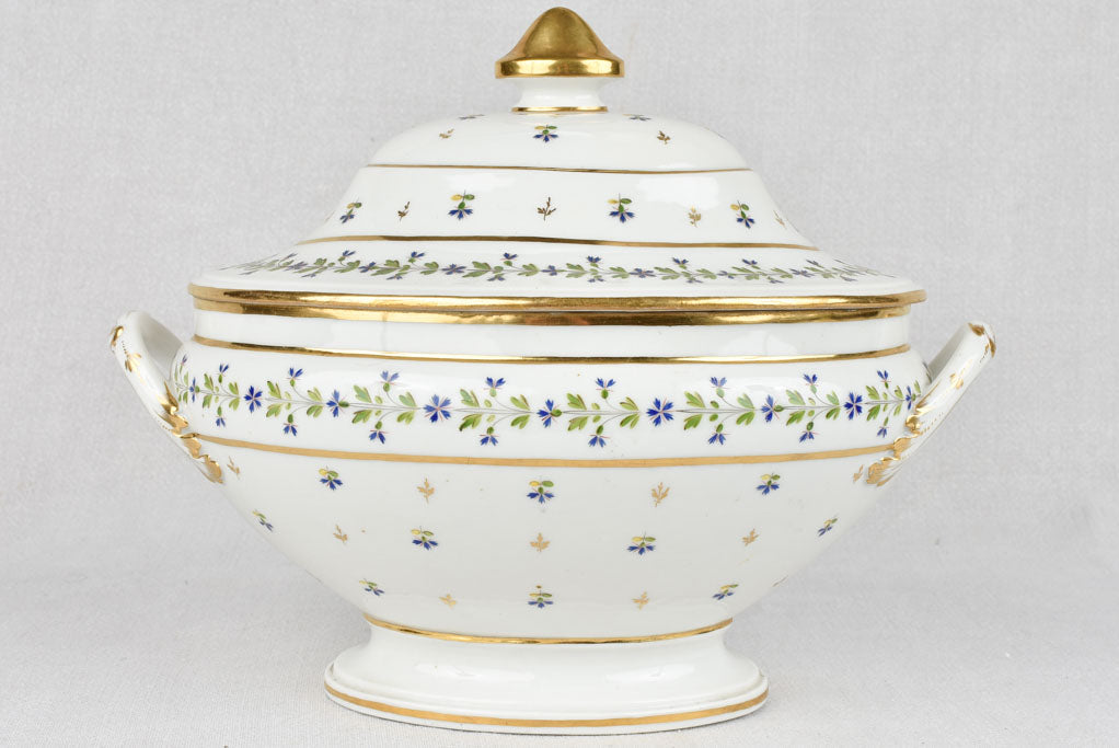 18th century soup tureen gold green & blue flowers