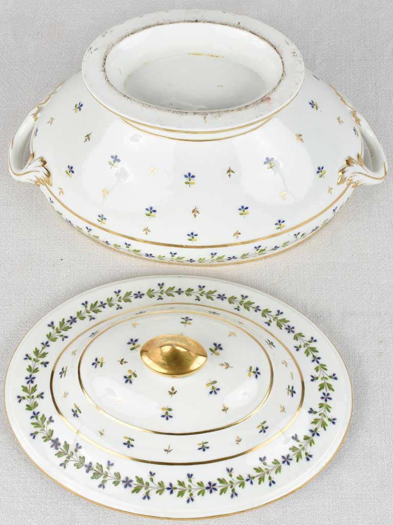 18th century soup tureen gold green & blue flowers