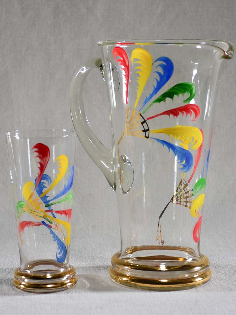 Rare set of eight tumblers with pitcher hand painted with feathers - Monte Carlo