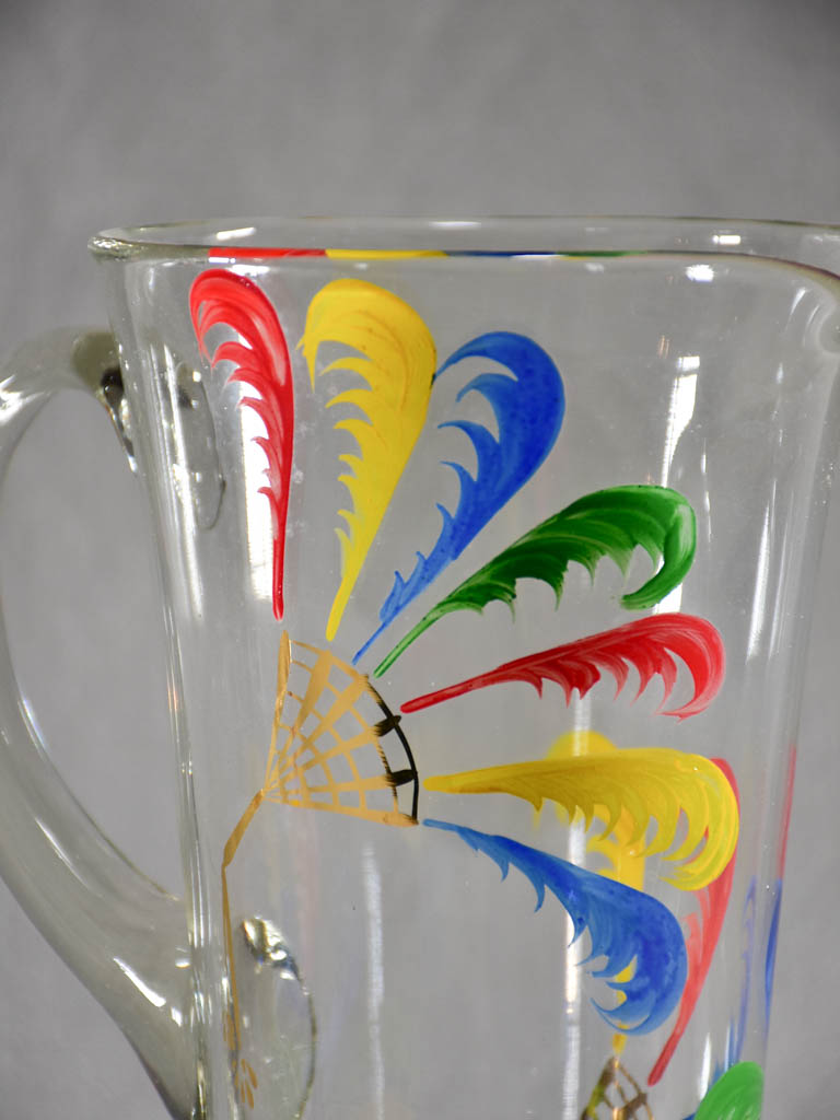 Rare set of eight tumblers with pitcher hand painted with feathers - Monte Carlo