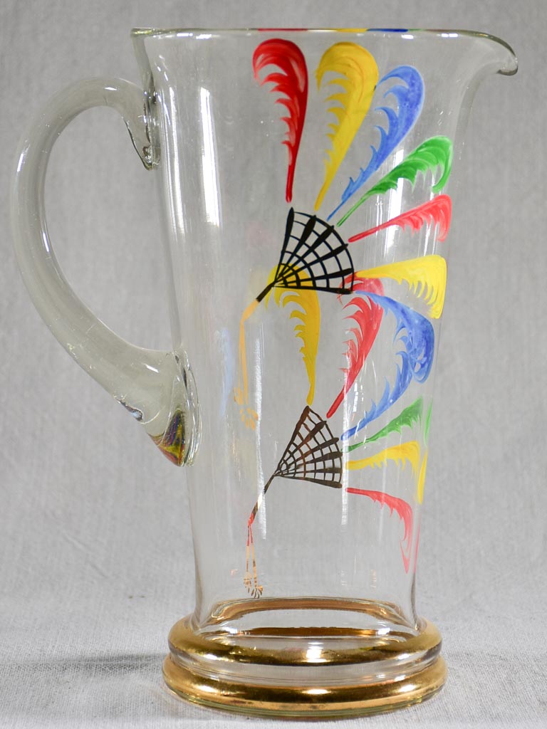 Rare set of eight tumblers with pitcher hand painted with feathers - Monte Carlo