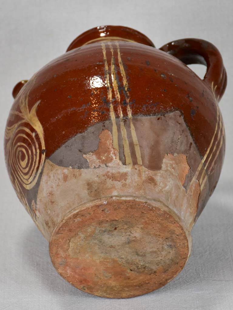 Late 19th century French water pitcher with brown glaze and beige decoration 12¼"