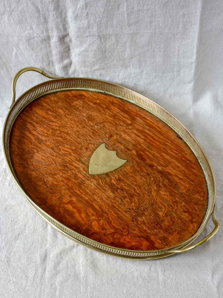 Antique English silver plate and oak based gallery tray 15¾" x 25¼"