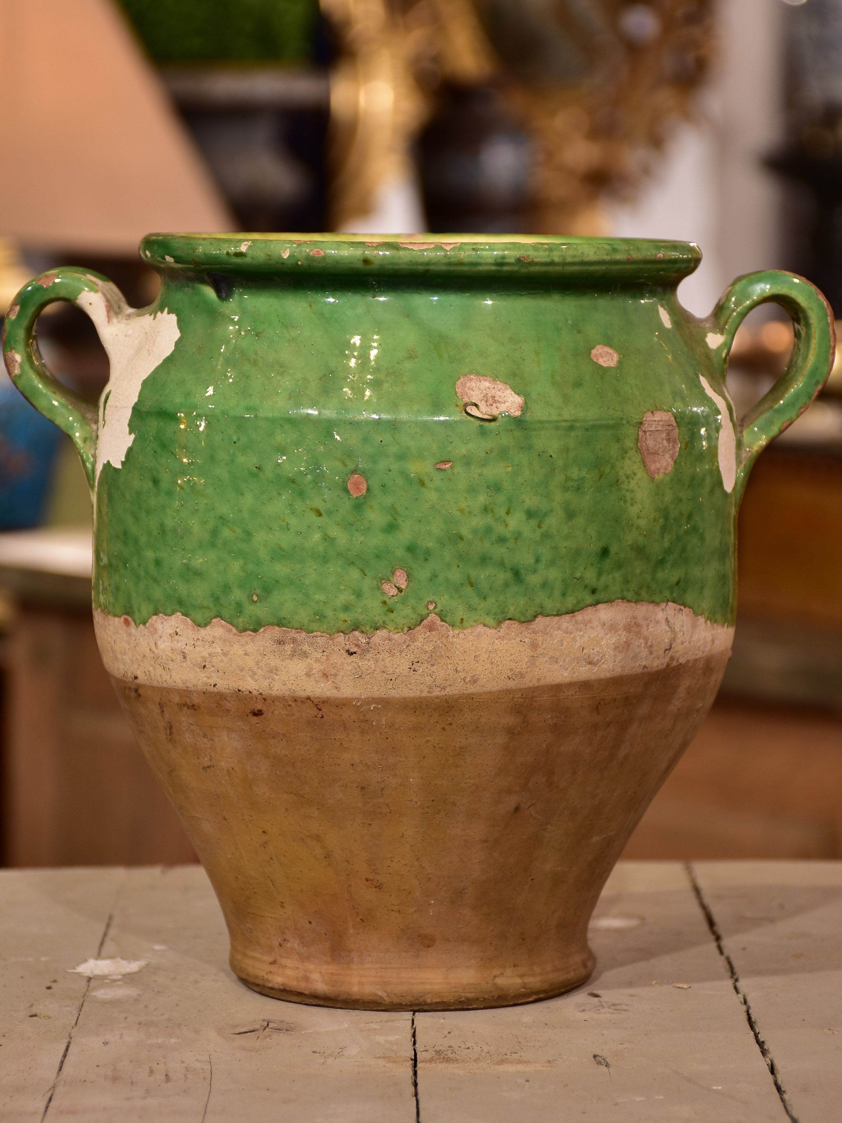 Antique French confit pot with green glaze