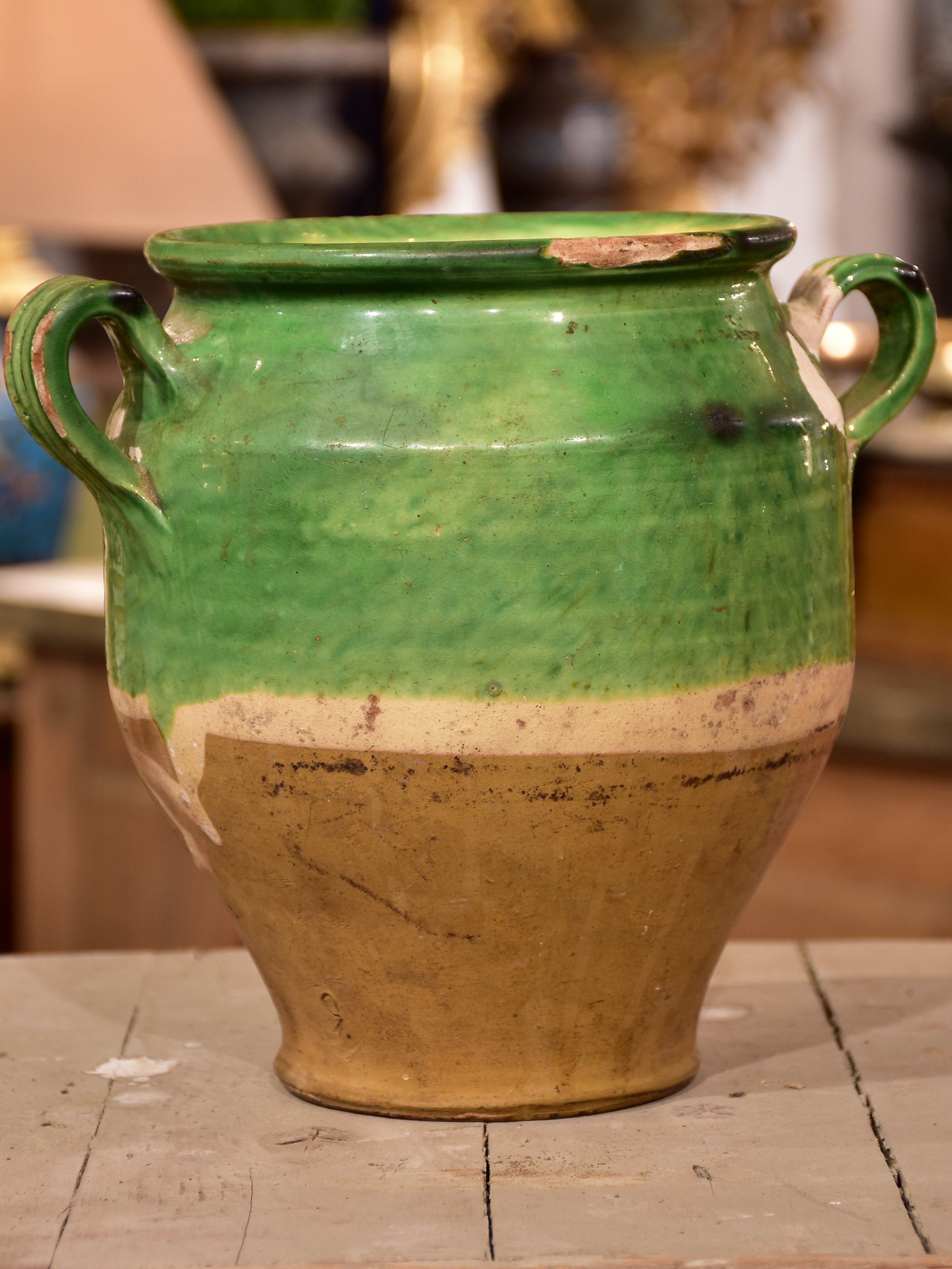 Antique French confit pot with green glaze