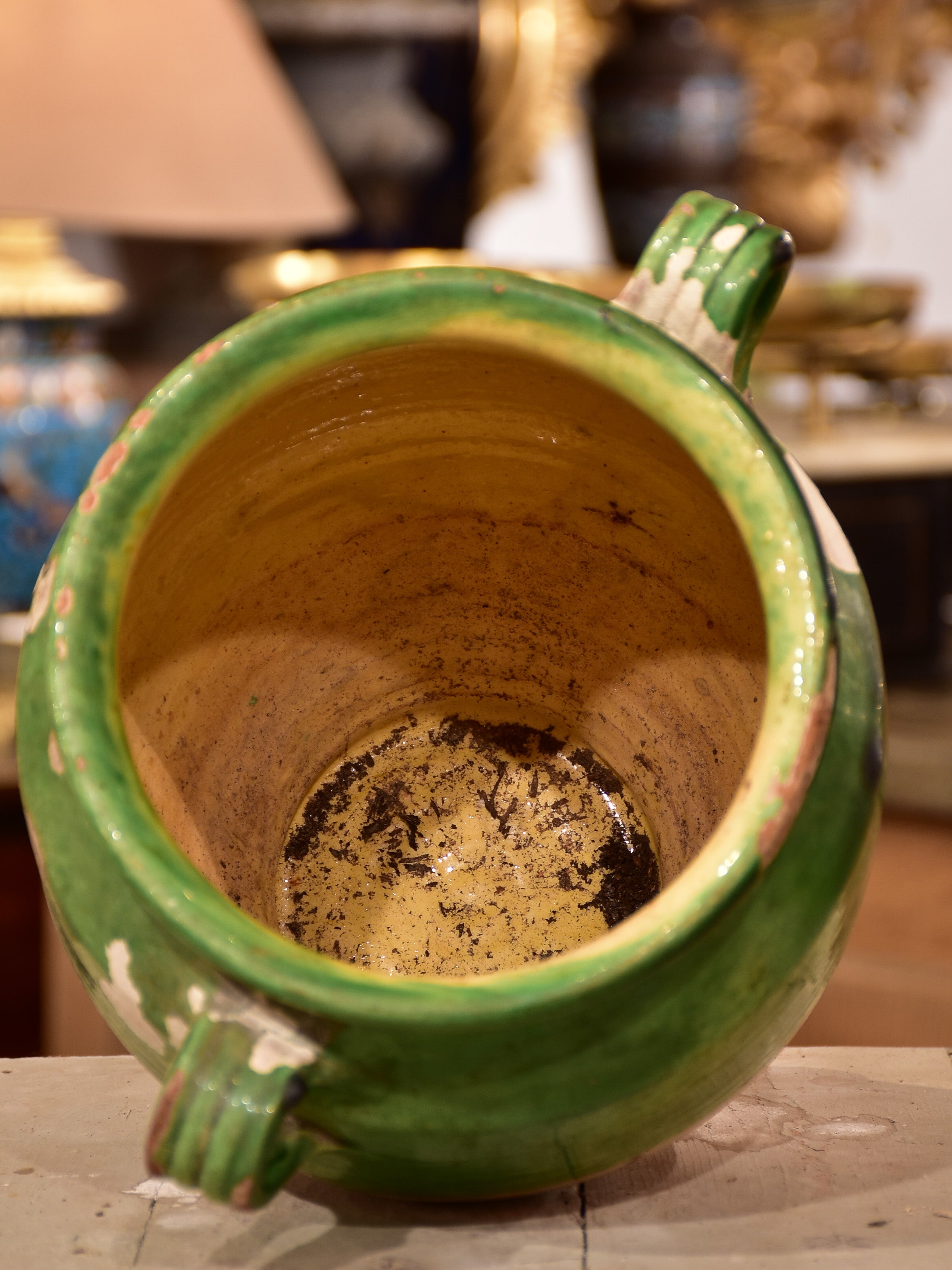 Antique French confit pot with green glaze