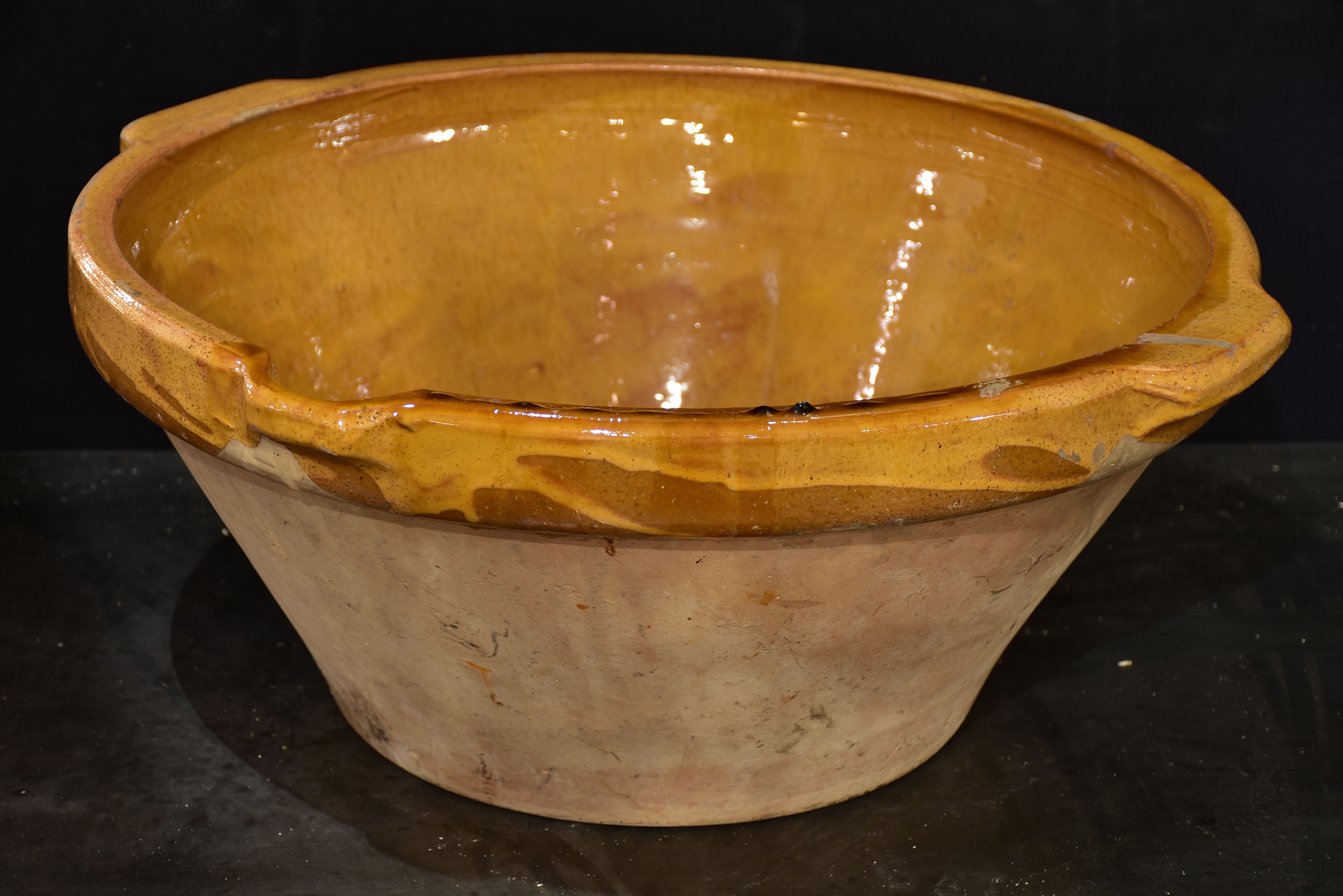 Antique French preserving bowl with yellow glaze