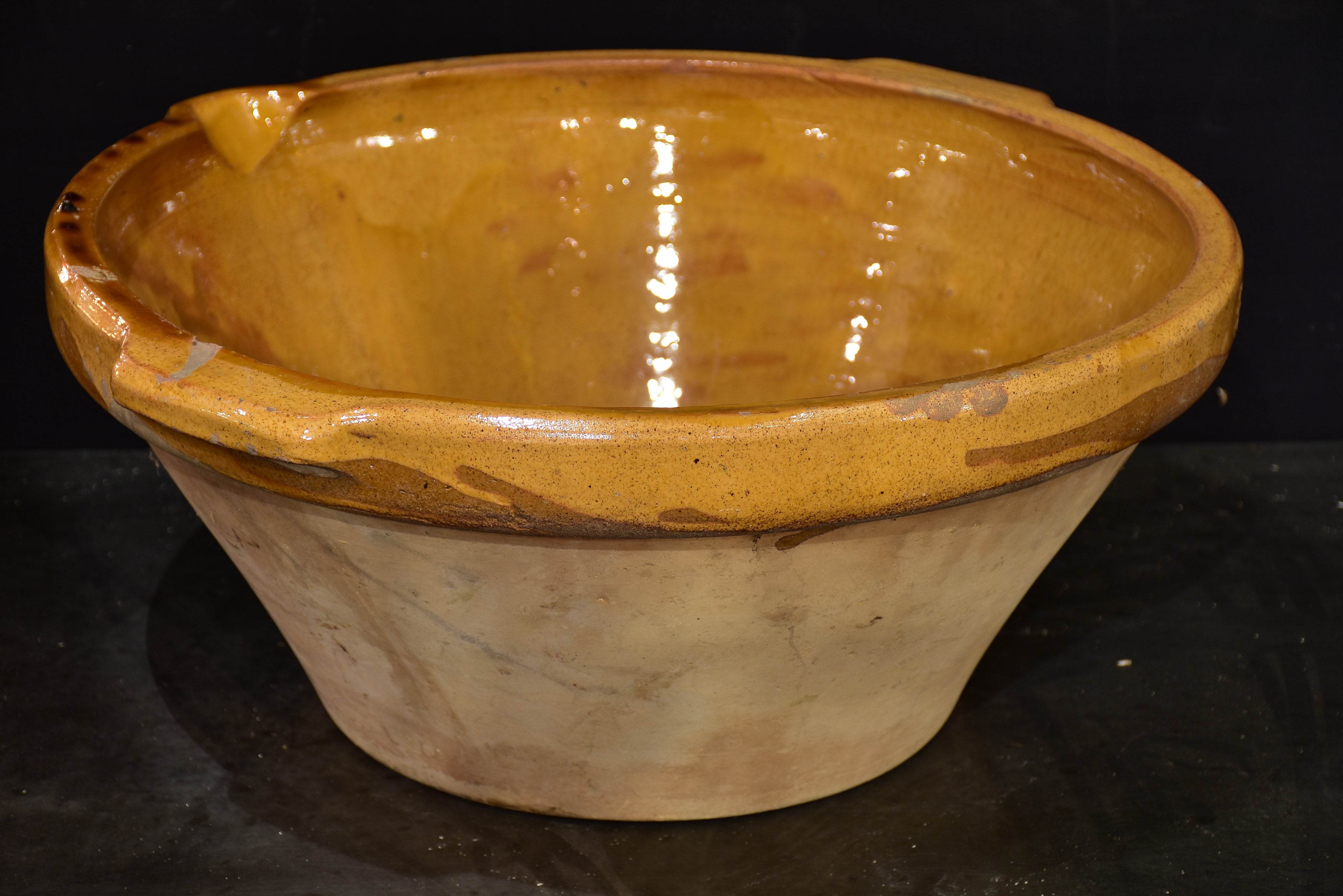 Antique French preserving bowl with yellow glaze