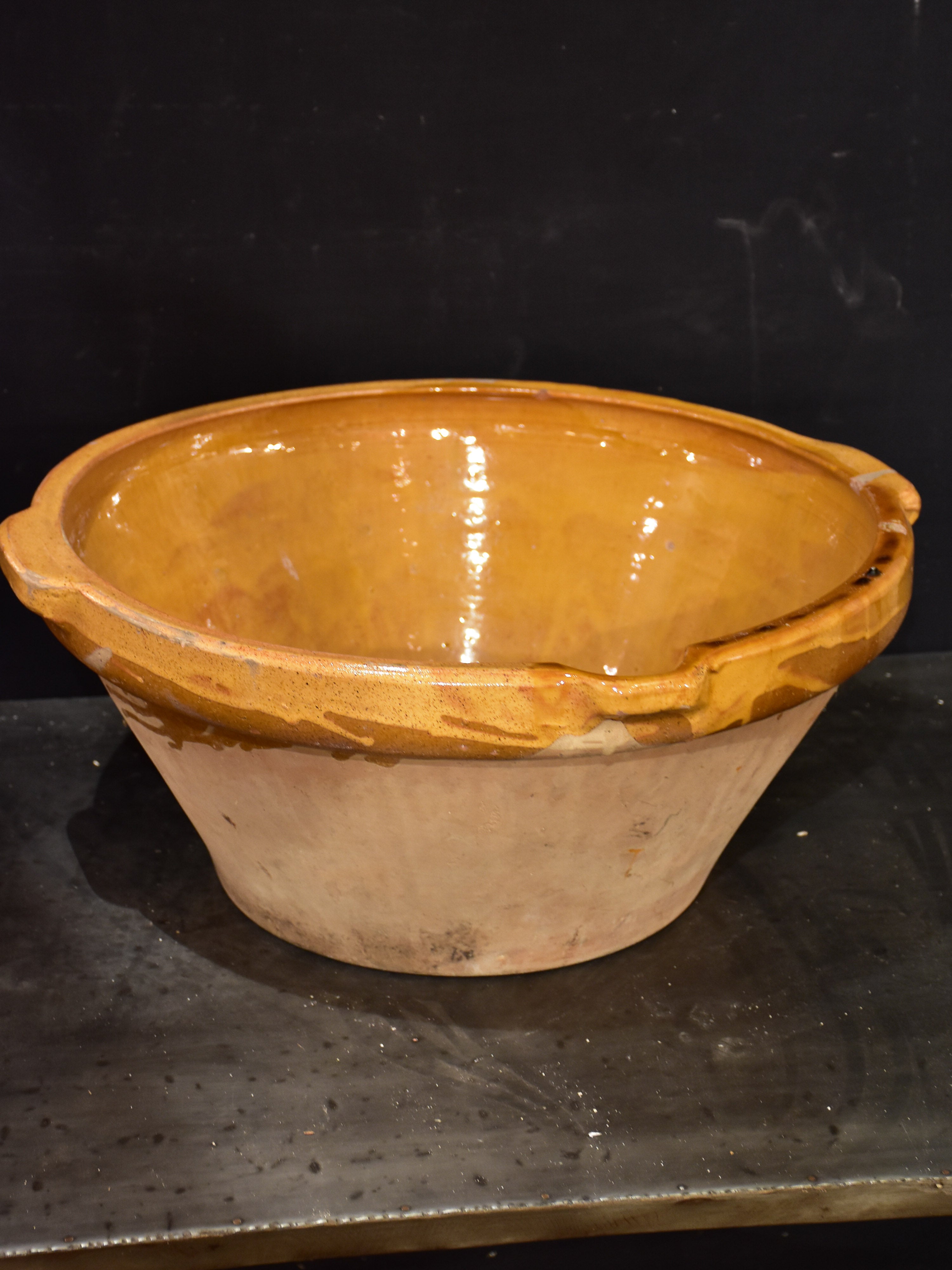 Antique French preserving bowl with yellow glaze