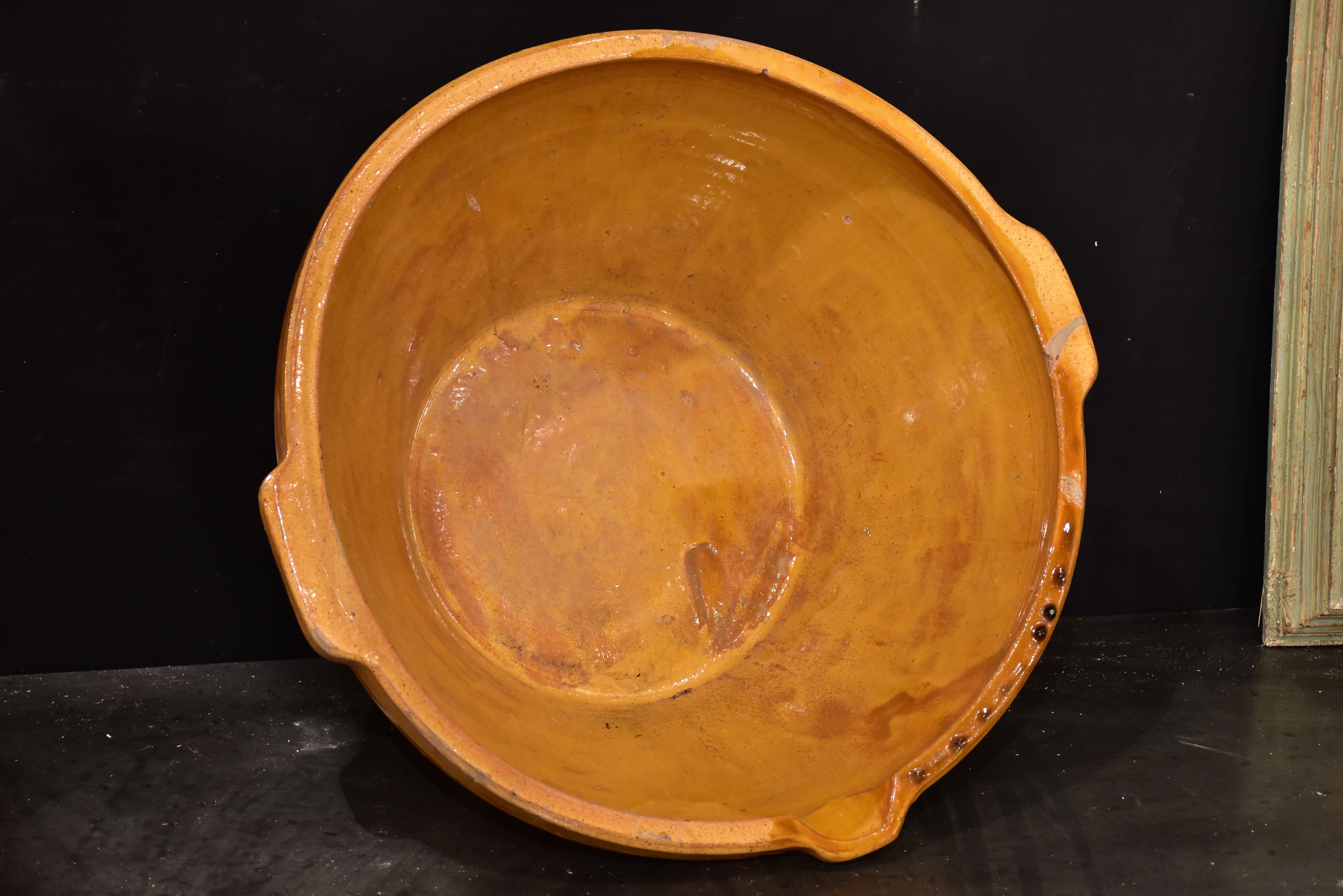 Antique French preserving bowl with yellow glaze