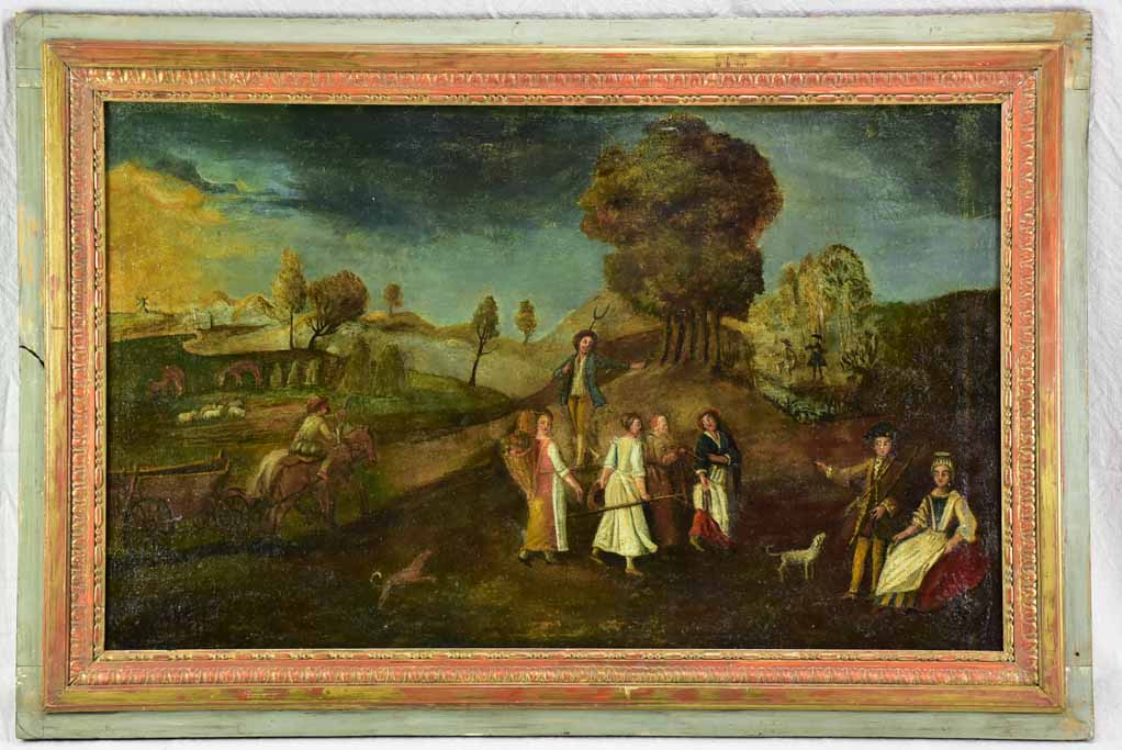 18th Century French oil on canvas - animated landscape - anonymous 35" x 52"