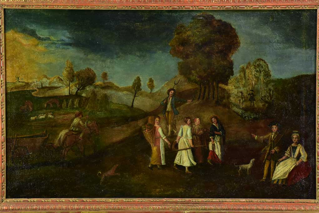 18th Century French oil on canvas - animated landscape - anonymous 35" x 52"