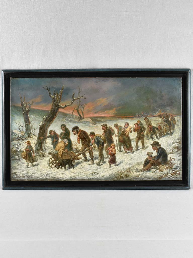 Antique Oil Canvas Belgian Migration Scene