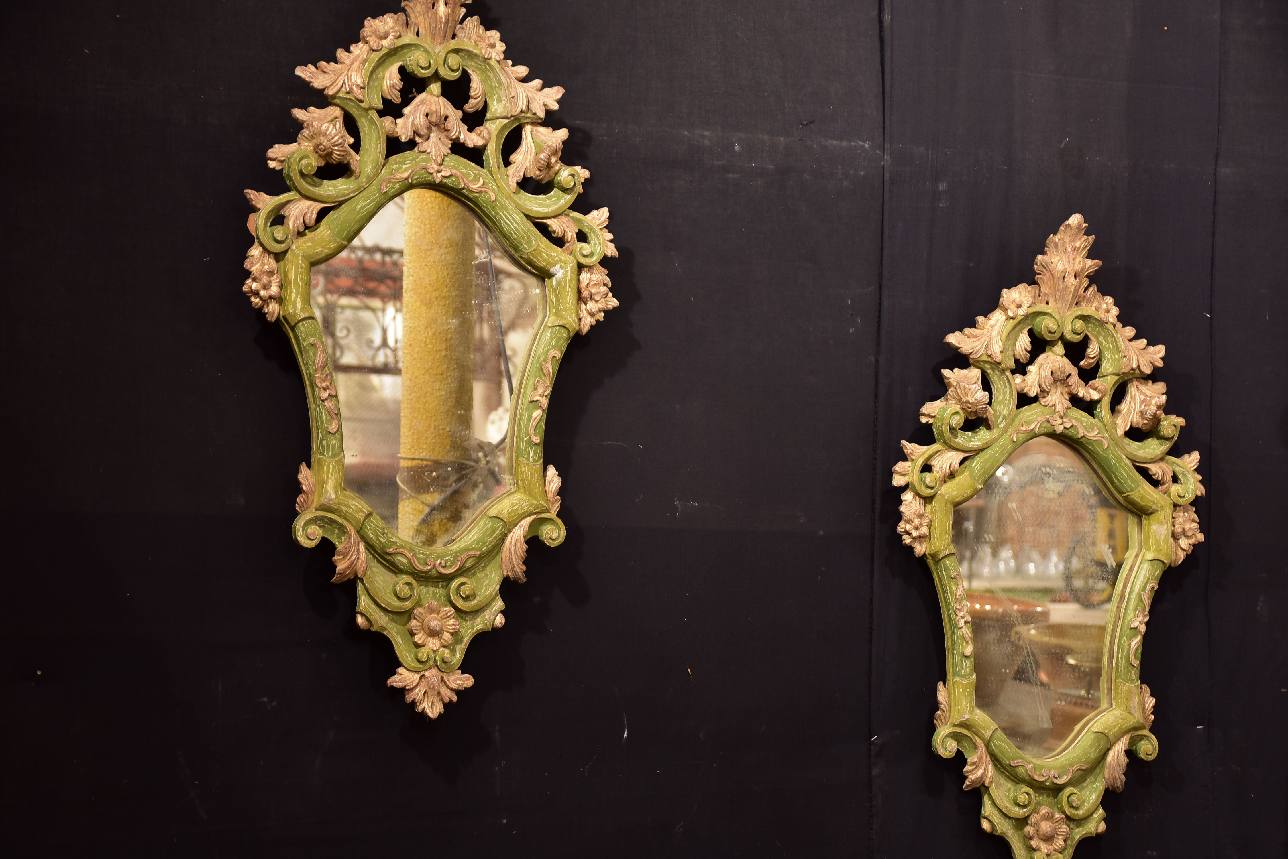 Pair of rustic Italian mirrors with green and gold frames