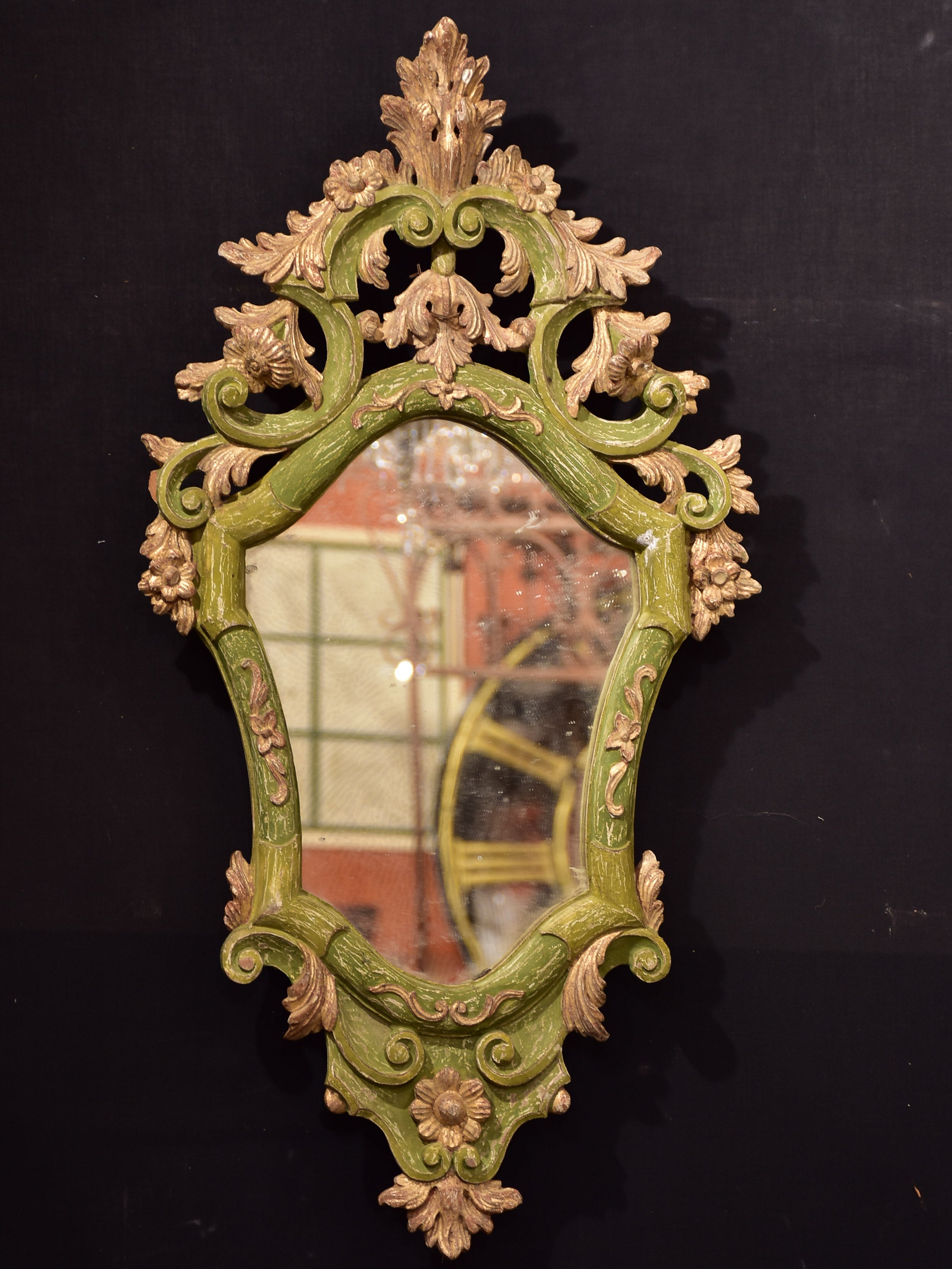 Pair of rustic Italian mirrors with green and gold frames