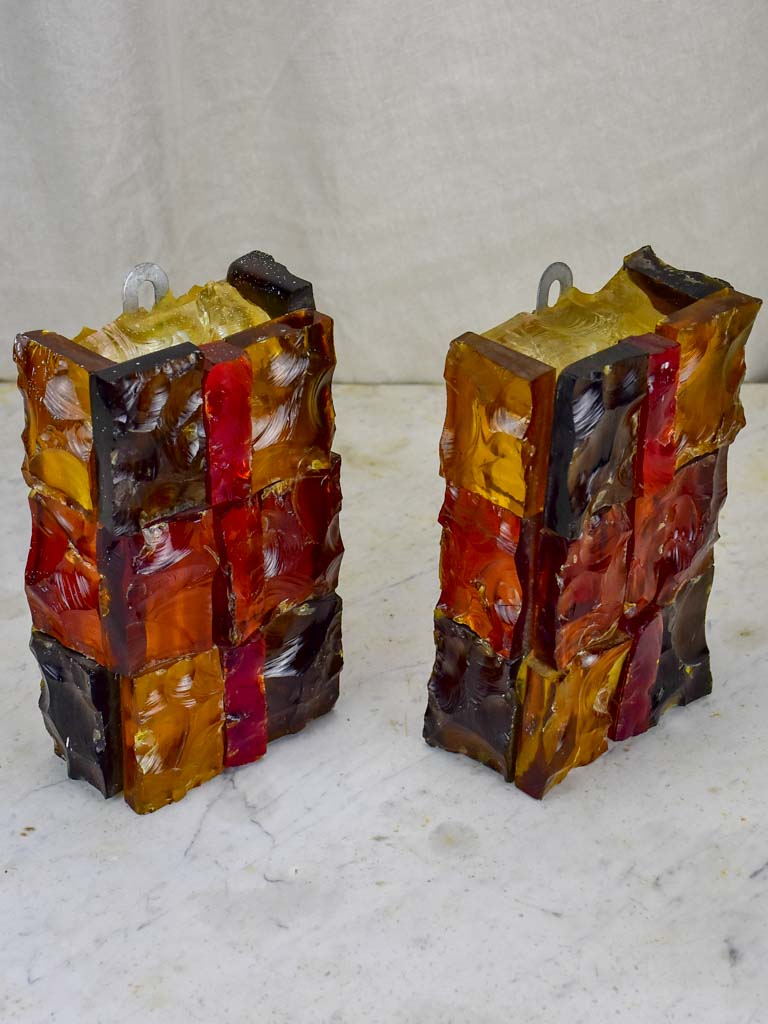 Pair of brutalist glass wall sconces - 1980's