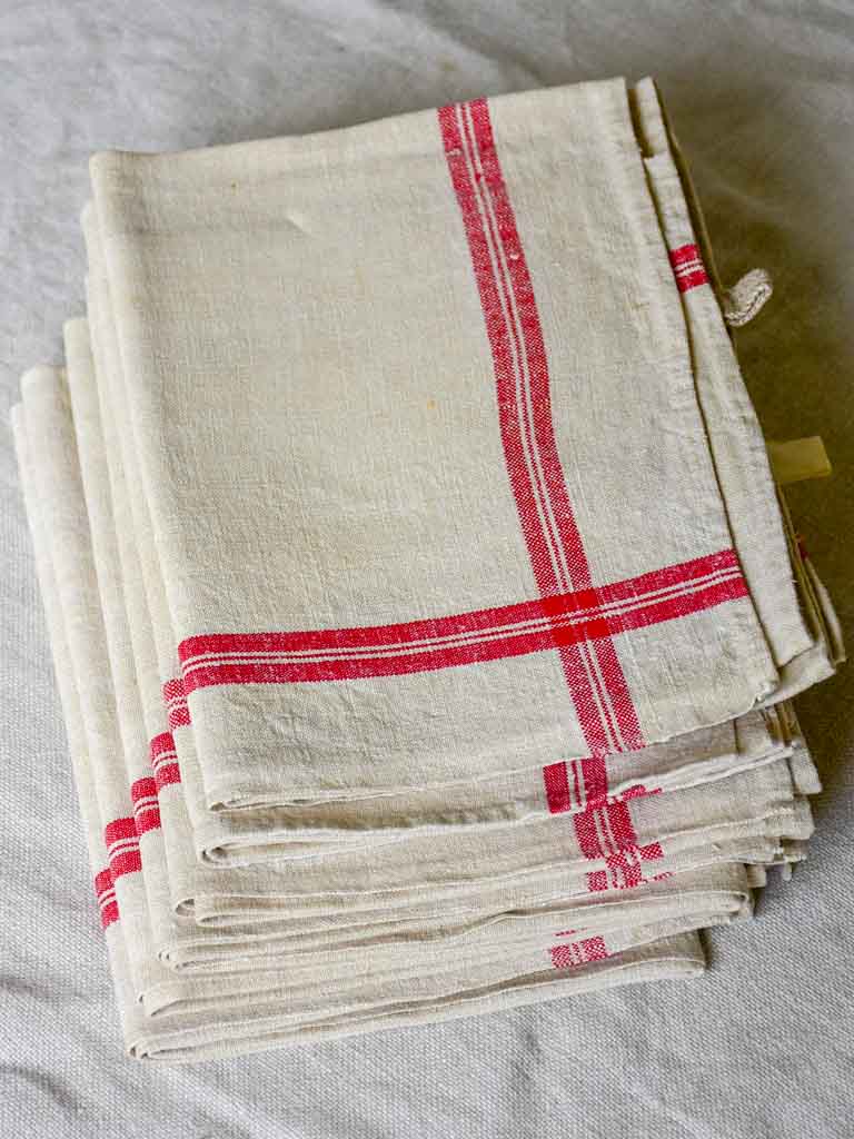 Set of 6 antique French linen tea towels with red checkered border