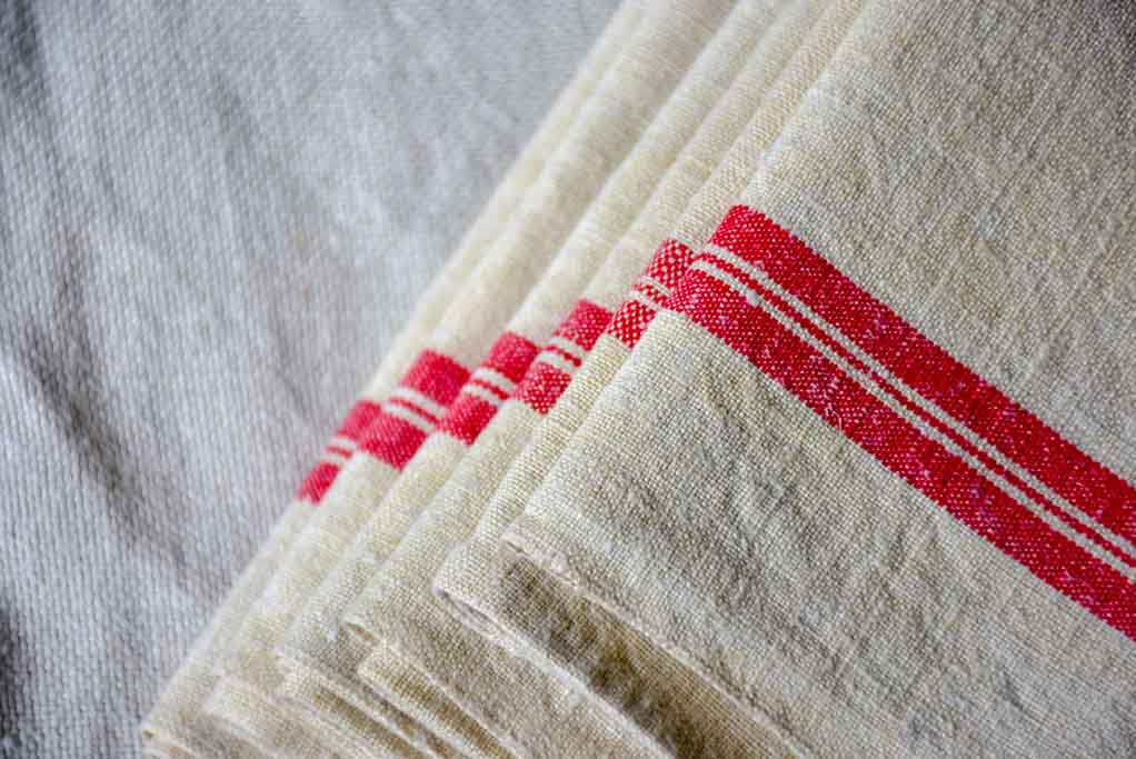 Set of 6 antique French linen tea towels with red checkered border