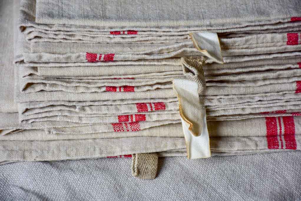 Set of 6 antique French linen tea towels with red checkered border