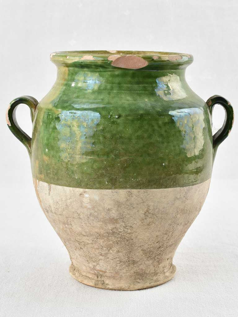 Antique French confit pot with green glaze - 9¾"