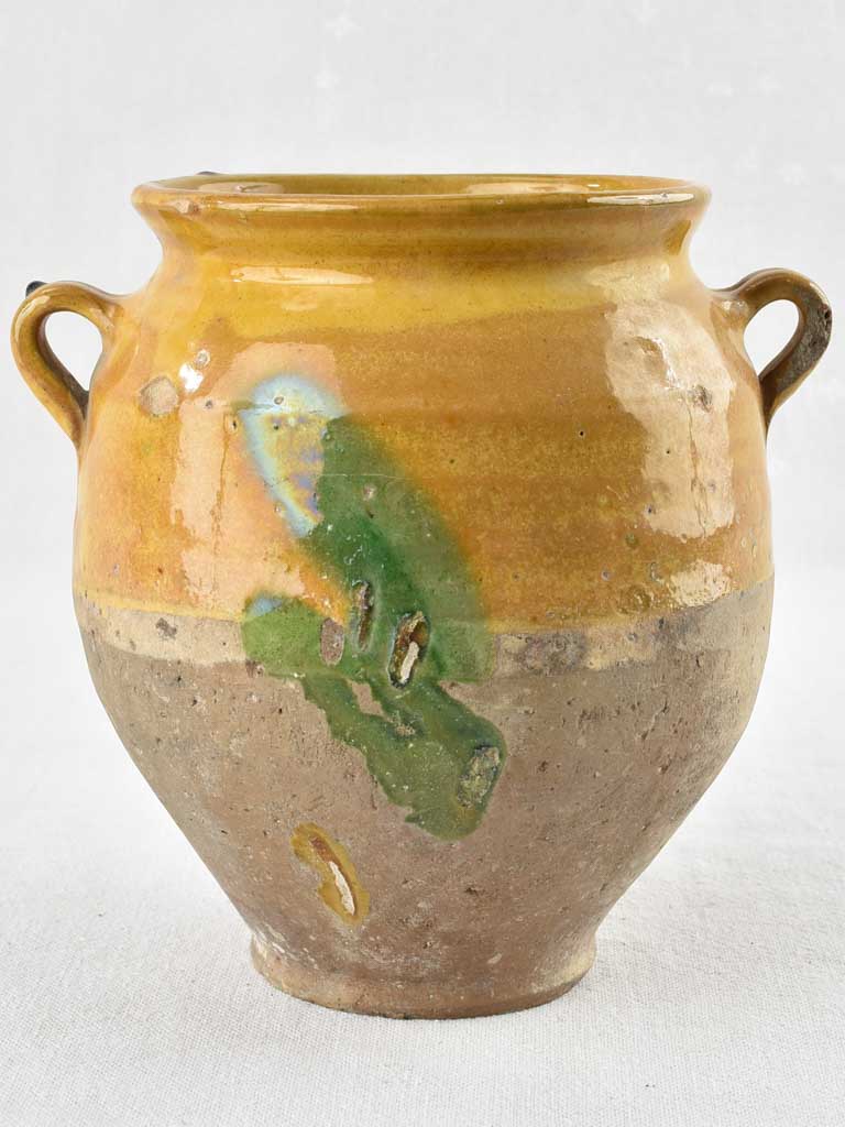 Antique French confit pot with ocher glaze and green splash - 8¼"