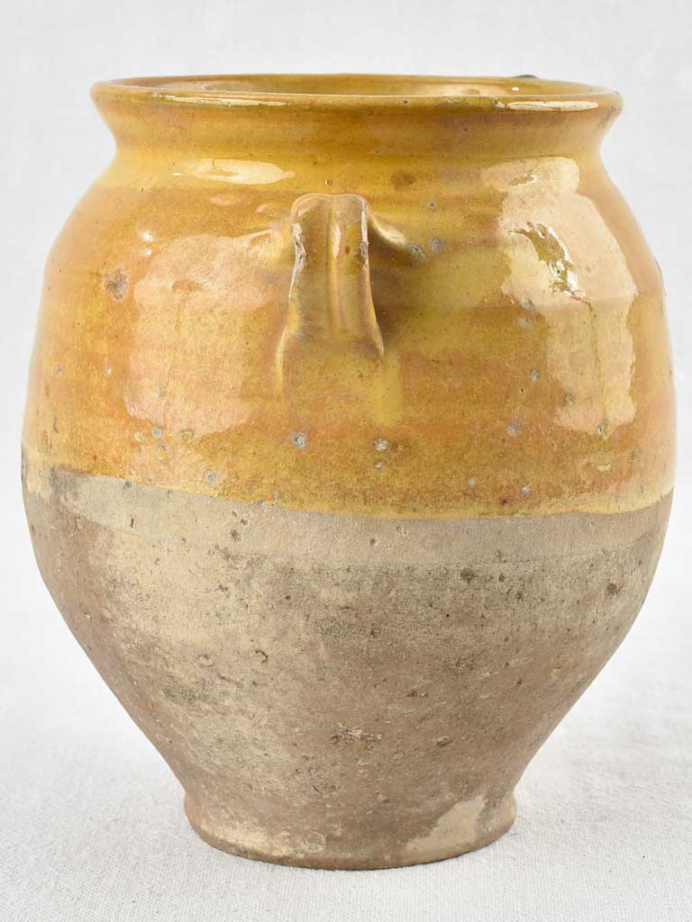 Antique French confit pot with ocher glaze and green splash - 8¼"