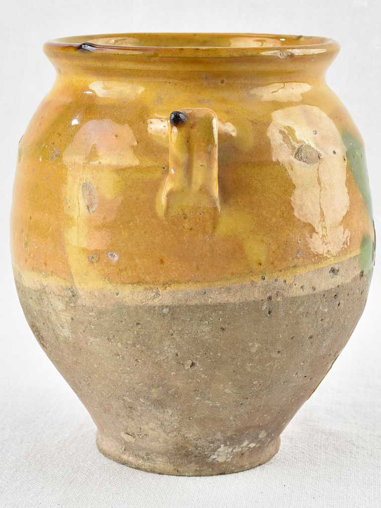 Antique French confit pot with ocher glaze and green splash - 8¼"