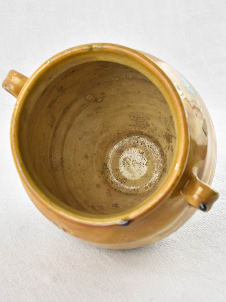 Antique French confit pot with ocher glaze and green splash - 8¼"