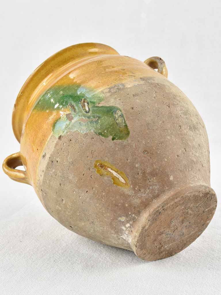 Antique French confit pot with ocher glaze and green splash - 8¼"