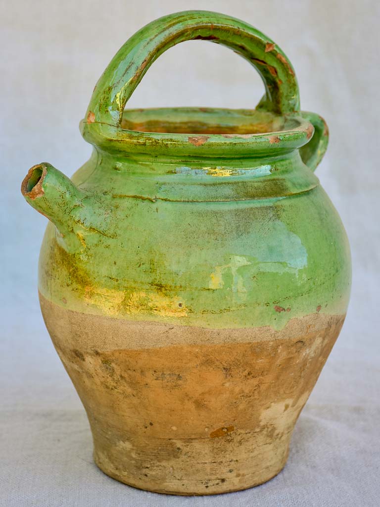 Antique French water pitcher with pale green glaze