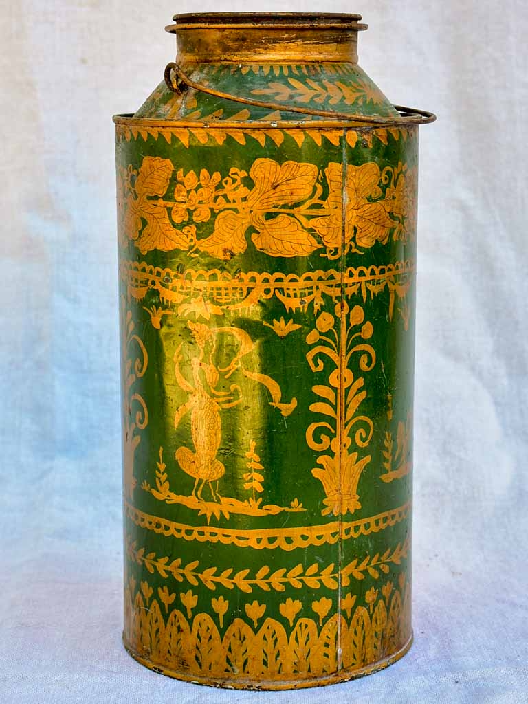 19th Century French tea tin - green and gold 13"