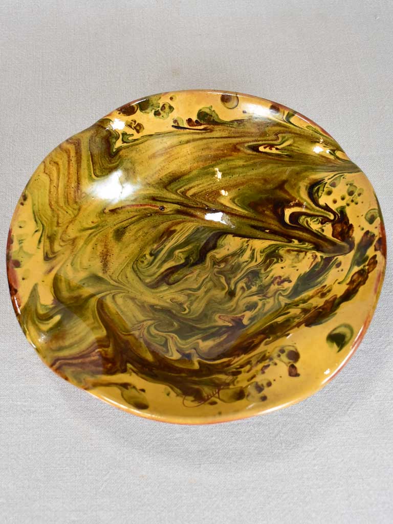 Antique French bowl with marble effect - green and yellow 11¾"