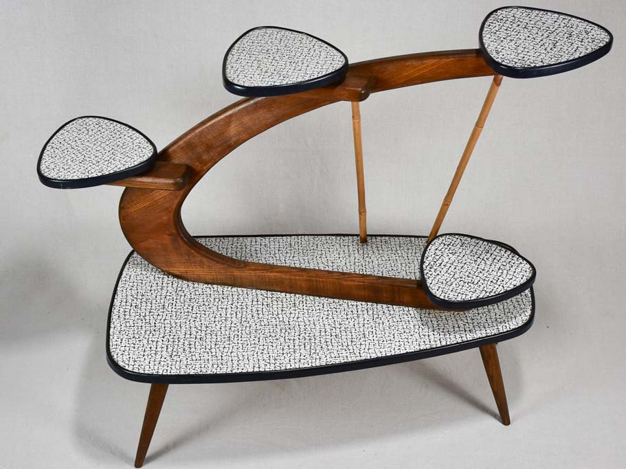 Unusual formica and teak side table with little shelves - black and white