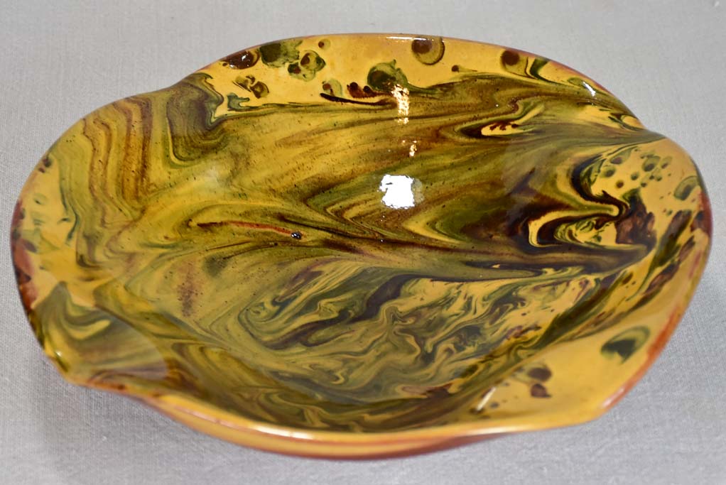 Antique French bowl with marble effect - green and yellow 11¾"