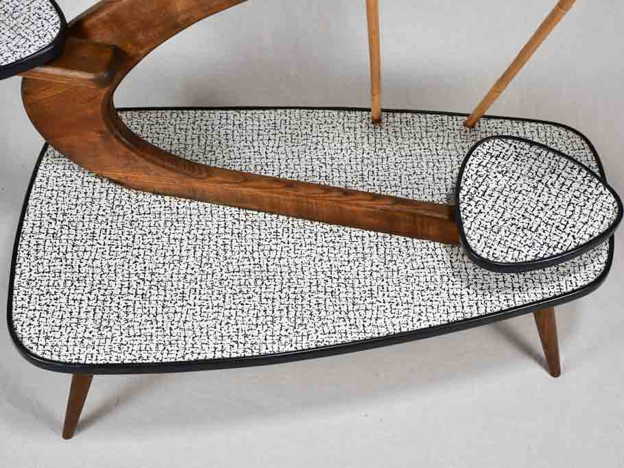 Unusual formica and teak side table with little shelves - black and white