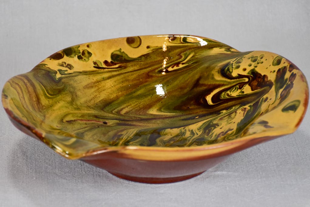 Antique French bowl with marble effect - green and yellow 11¾"