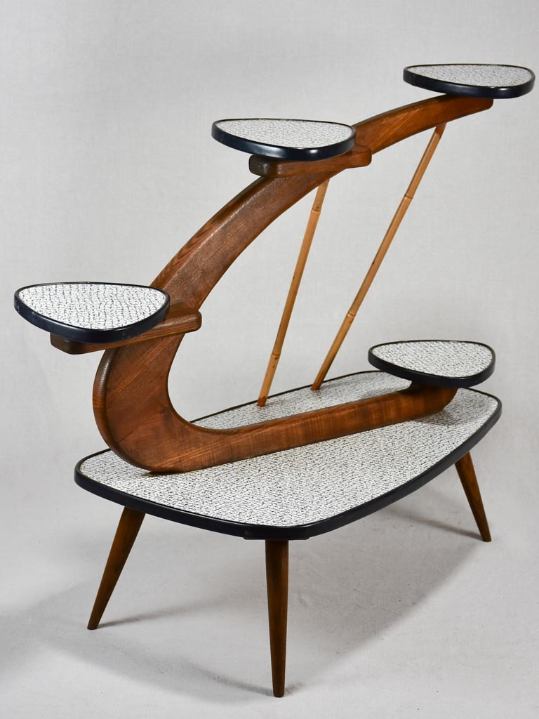 Unusual formica and teak side table with little shelves - black and white