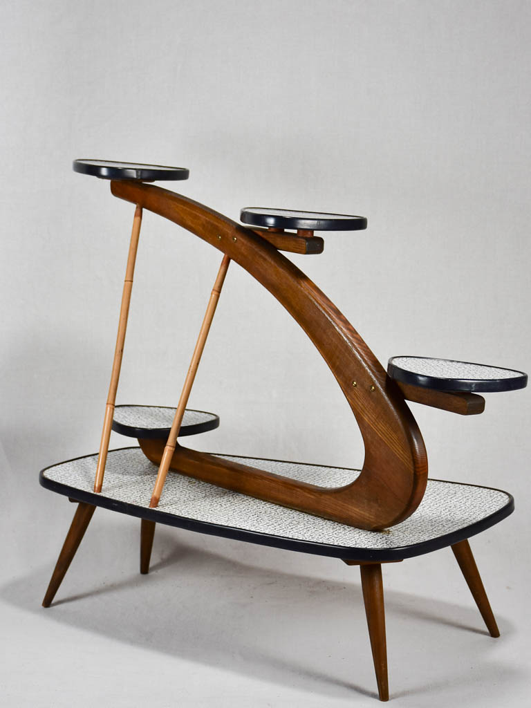 Unusual formica and teak side table with little shelves - black and white