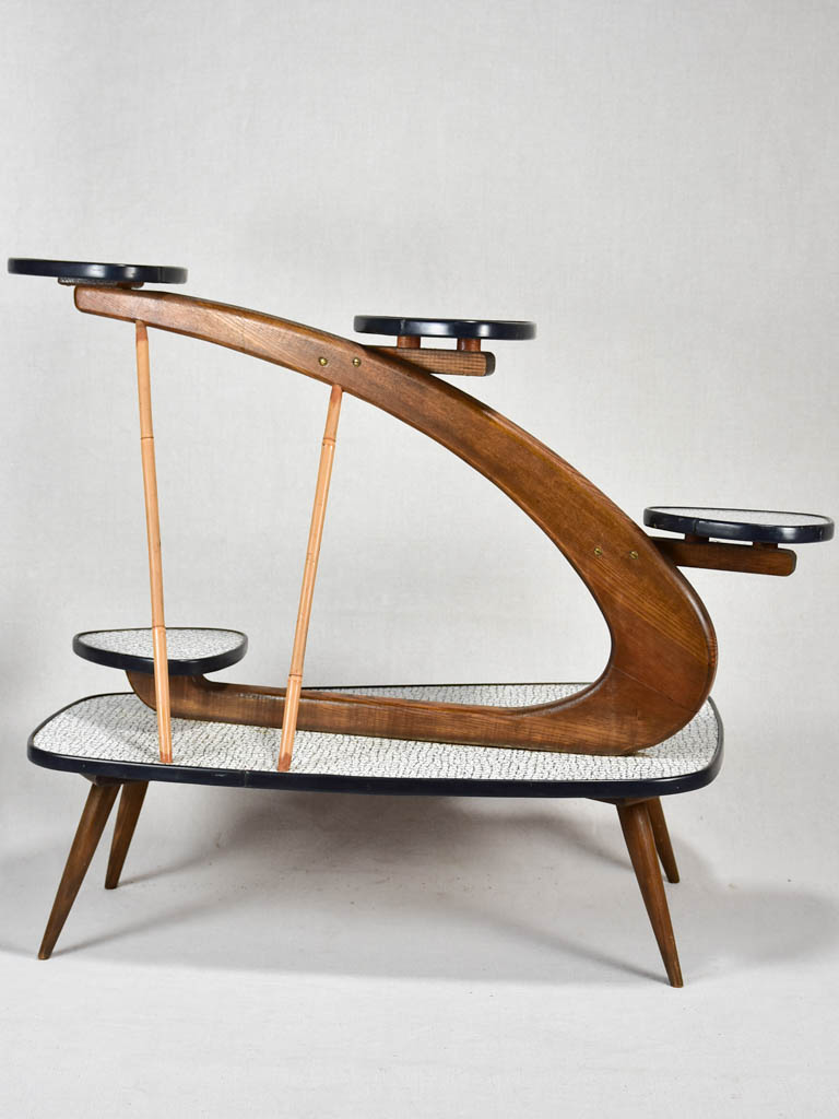 Unusual formica and teak side table with little shelves - black and white