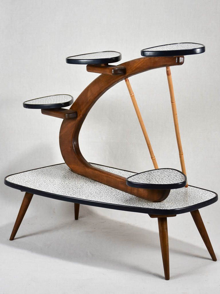 Unusual formica and teak side table with little shelves - black and white