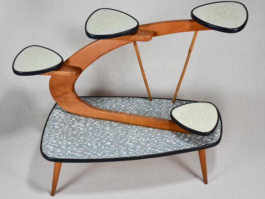 Unusual Formica and teak side table with little shelves