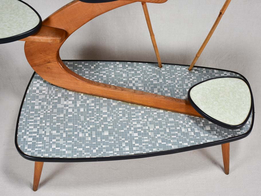 Unusual Formica and teak side table with little shelves