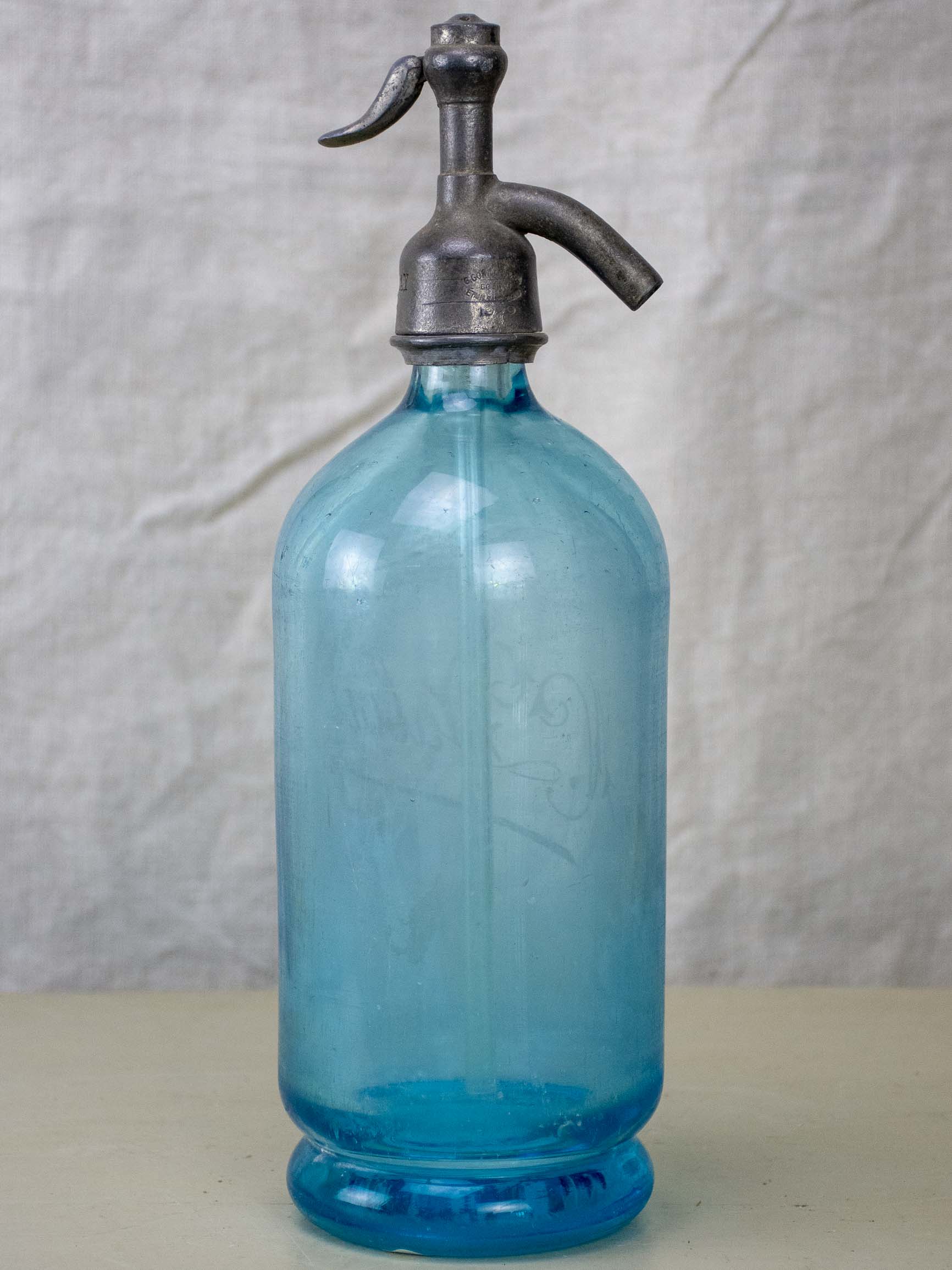 Antique French soda siphon Seltzer bottle - light blue